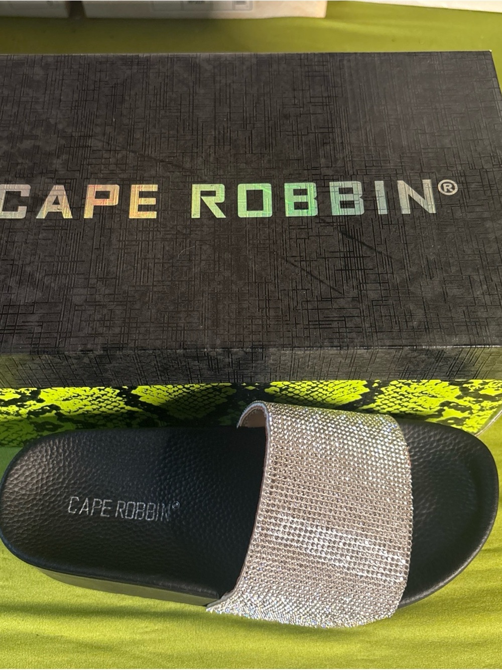 Cape Robbin Black Slide Sandal with Silver Crystal Strap
